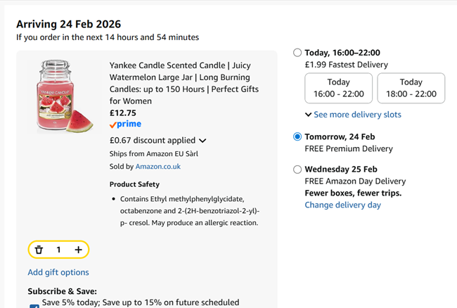 Screenshot showing Yankee Candle Juicy Watermelon Large Jar Scented Candle for £12.75 at Amazon