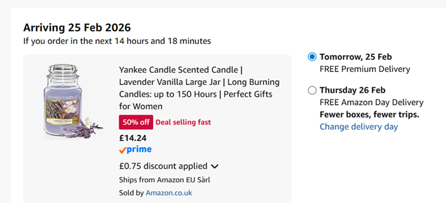 Screenshot showing Yankee Candle Lavender Vanilla Large Jar Scented Candle for £14.24 at Amazon