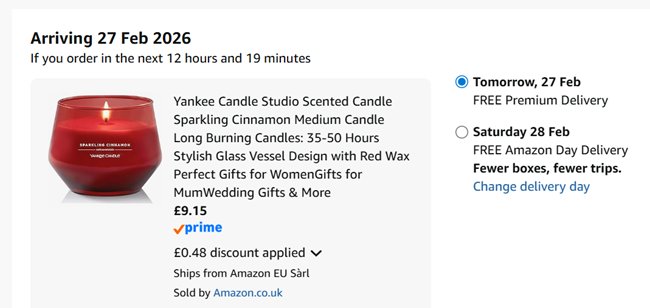 Screenshot showing Yankee Candle Studio Sparkling Cinnamon Medium Candle for £9.15 at Amazon