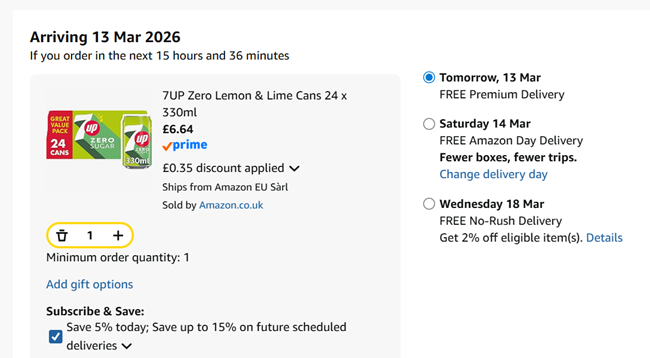 Screenshot showing 7UP Zero Lemon & Lime Cans 24 x 330ml for £6.64 at Amazon