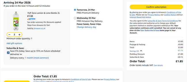 Screenshot showing 7UP Zero Lemon & Lime Bottle 2L 2 for £1.85 at Amazon