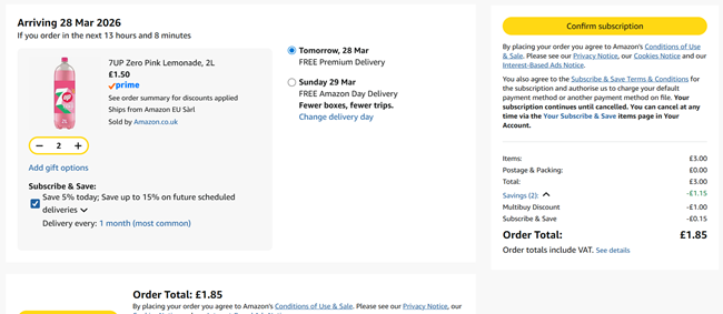 Screenshot showing 7UP Zero Pink Lemonade Bottle 2L 2 for £1.85 @ Amazon