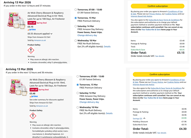 Screenshot showing Air Wick Cherry Blossom & Raspberry Advanced Electrical Plug-in Kit £3.13 or 2 for £4.30 at Amazon