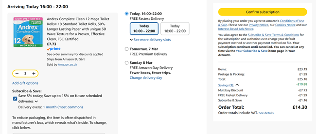Screenshot showing 3 x Andrex Complete Clean 12 Mega Toilet Rolls for £14.30 at Amazon
