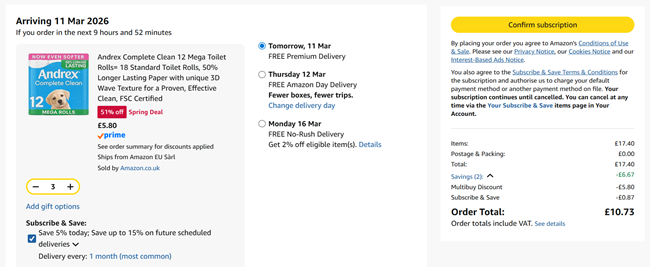 Screenshot showing 3 x Andrex Complete Clean 12 Mega Toilet Rolls for £10.73 at Amazon