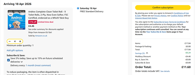 Screenshot showing Andrex Complete Clean 9 Toilet Rolls x 4 for £11.60 at Amazon