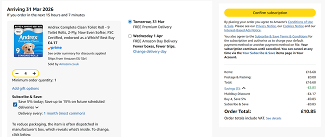 Screenshot showing Andrex Complete Clean 9 Toilet Rolls x 4 £10.85 at Amazon