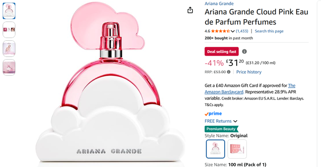 Screenshot showing Ariana Grande Cloud Pink Eau de Parfum 100ml for £31.20 at Amazon