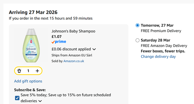 Screenshot showing Johnson's Baby Shampoo 500ml for £1.07 at Amazon