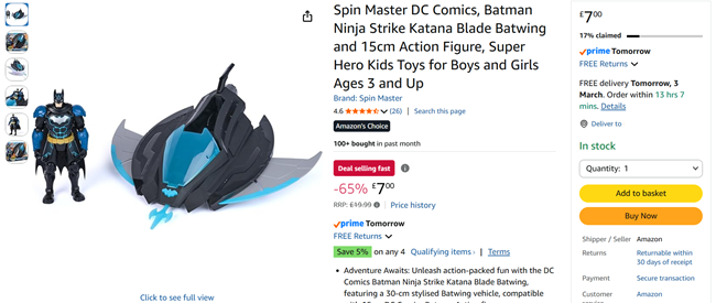 Screenshot showing Batman Ninja Strike Katana Blade Batwing and 15cm Action Figure for £7 at Amazon