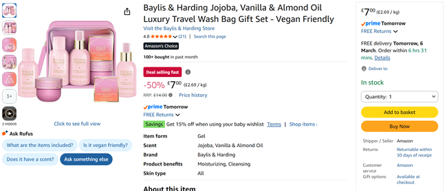 Screenshot showing Baylis & Harding Jojoba, Vanilla & Almond Oil Luxury Travel Wash Bag Gift Set for £7 at Amazon