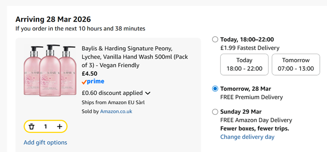 Screenshot showing Baylis & Harding Signature Peony, Lychee, Vanilla Hand Wash 500ml (Pack of 3) for £4.50 at Amazon