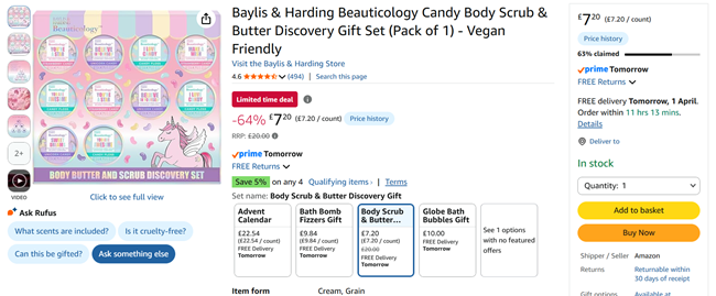 Screenshot showing Baylis & Harding Beauticology Candy Body Scrub & Butter Discovery Gift Set for £7.20 at Amazon