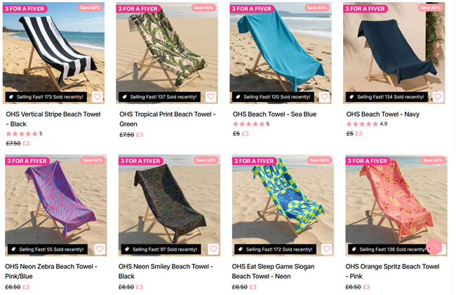 Screenshot showing 3 for £5 on selected Beach Towels at Online Home Shop
