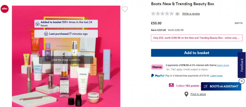 Screenshot showing Boots New & Trending Beauty Box for £55 at Boots