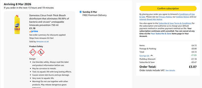 Screenshot showing Domestos Citrus Fresh Thick Bleach 750 ml 4 for £3.07 at Amazon