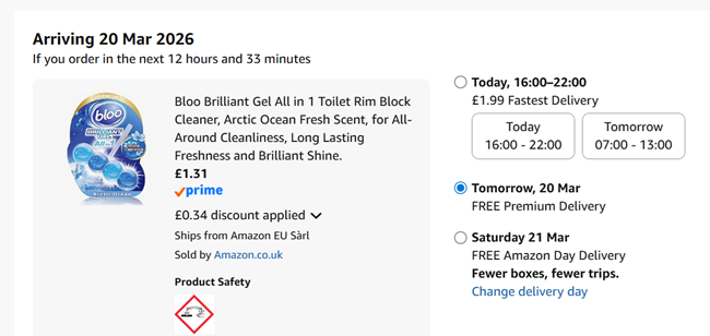 Screenshot showing Bloo Brilliant Gel All in 1 Toilet Rim Block Cleaner for £1.31 at Amazon