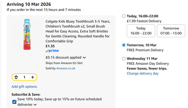 Screenshot showing Colgate Kids Bluey Toothbrush 3-5 Years 2 Pack for £1.35 at Amazon