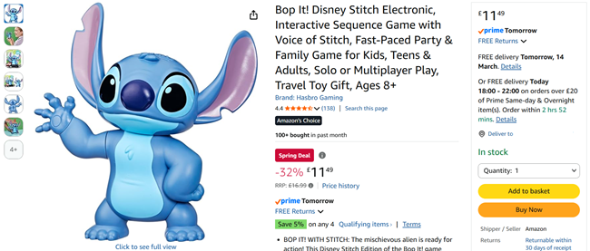 Screenshot showing Bop It! Disney Stitch Edition Game for £11.49 at Amazon