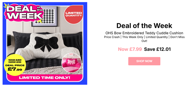 Screenshot showing OHS Bow Embroidered Teddy Cuddle Cushion for £7.99 at Online Home Shop
