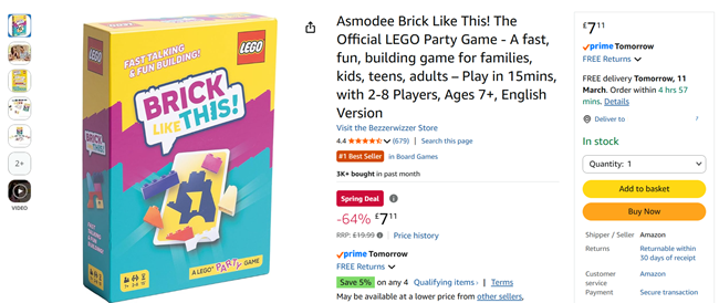 Screenshot showing Brick Like This! The Official LEGO Party Game for £7.11 at Amazon