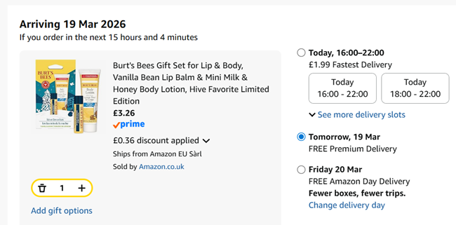 Screenshot showing Burt's Bees Gift Set for Lip & Body for £3.26 at Amazon