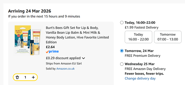 Screenshot showing Burt's Bees Gift Set for Lip & Body for£2.64 at Amazon