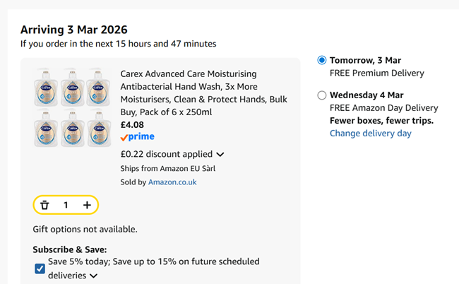 Screenshot showing Carex Advanced Care Moisturising Antibacterial Hand Wash, Pack of 6 x 250ml for £4.08 at Amazon