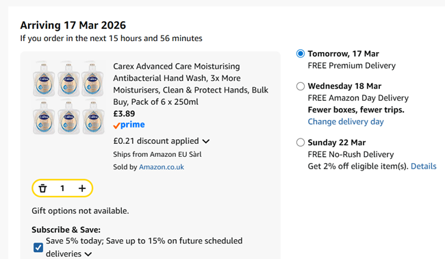 Screenshot showing Carex Advanced Care Moisturising Antibacterial Hand Wash, Pack of 6 x 250ml £3.89 at Amazon
