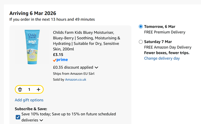 Screenshot showing Child's Farm Bluey Toiletries for £3.15 at Amazon