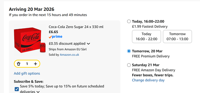 Screenshot showing Coca-Cola Zero Sugar 24 x 330 ml for £6.65 at Amazon