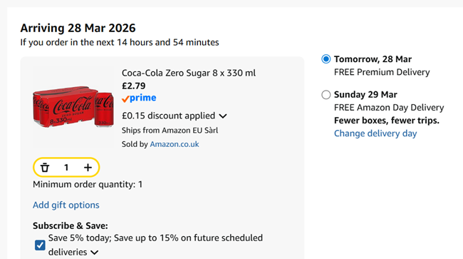 Screenshot showing Coca-Cola Zero Sugar 8 x 330 ml for £2.79 at Amazon