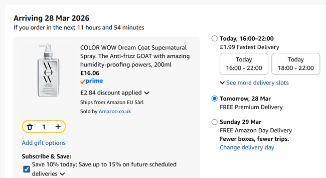 Screenshot showing Color Wow Dream Coat Supernatural Spray 200ml for £16.06 at Amazon