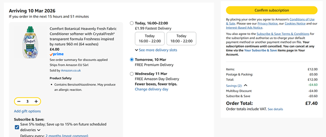 Screenshot showing Comfort Botanical Heavenly Fresh Fabric Conditioner 64 Washes x 3 for £7.40 at Amazon
