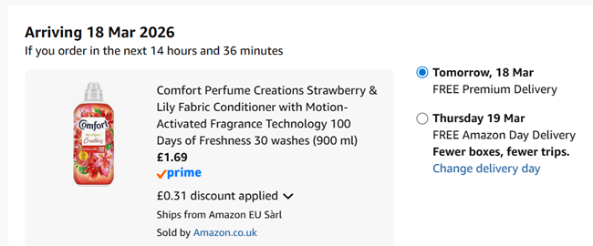 Screenshot showing Comfort Perfume Creations Strawberry & Lily Fabric Conditioner 30 washes (900 ml) for £1.69 at Amazon