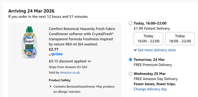 Screenshot showing Comfort Botanical Heavenly Fresh Fabric Conditioner 64 Washes for £2.77 at Amazon