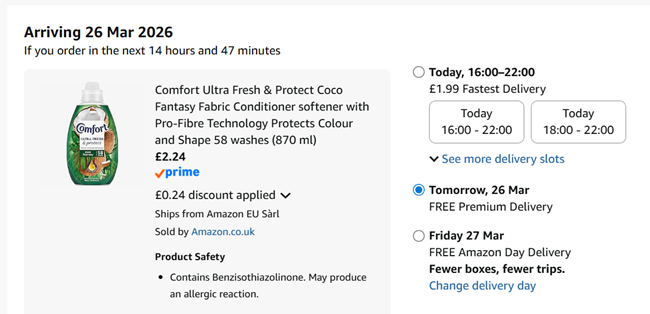Screenshot showing Comfort Ultra Fresh & Protect Coco Fantasy Fabric Conditioner 58 Washes for £2.24 at Amazon