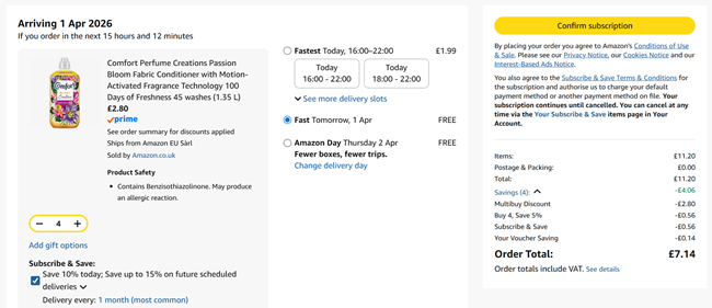 Screenshot showing Comfort Perfume Creations Passion Bloom Fabric Conditioner 45 Washes x 4 for £7.14 at Amazon