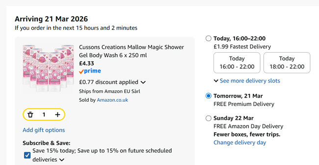 Screenshot showing Cussons Creations Mallow Magic Shower Gel Body Wash 6 x 250 ml for £4.33 at Amazon