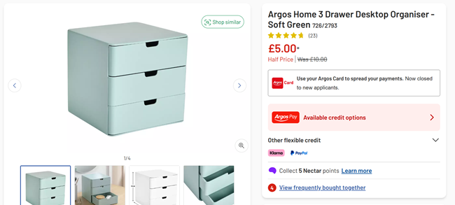 Screenshot showing 3 Drawer Desktop Organiser Soft Green for £5 at Argos