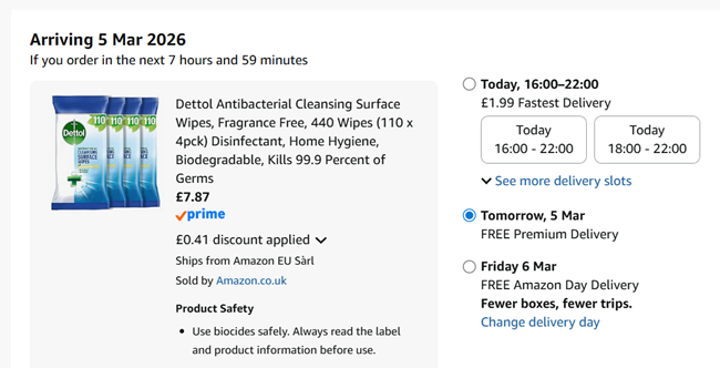 Screenshot showing Dettol Antibacterial Cleansing Surface Wipes, Fragrance Free, 440 Wipes (110 x 4 pack) for £7.87 at Amazon