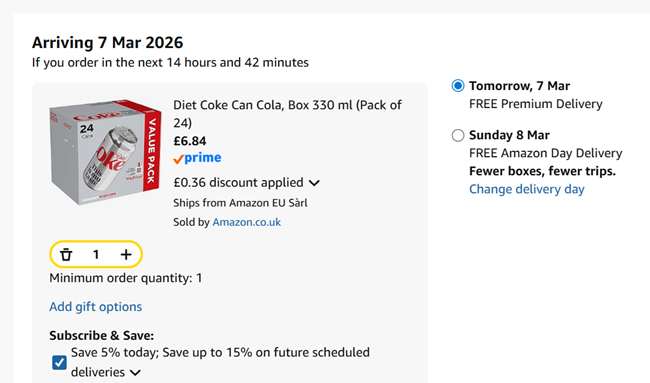 Screenshot showing Diet Coke 24 x 330ml Cans for £6.84 at Amazon