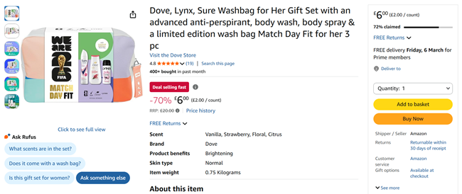 Screenshot showing Dove, Lynx, Sure Washbag for Her Gift Set for £6 at Amazon