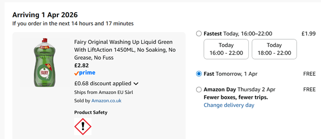 Screenshot showing Fairy Original Washing Up Liquid Green With LiftAction 1450ML for £2.82 at Amazon