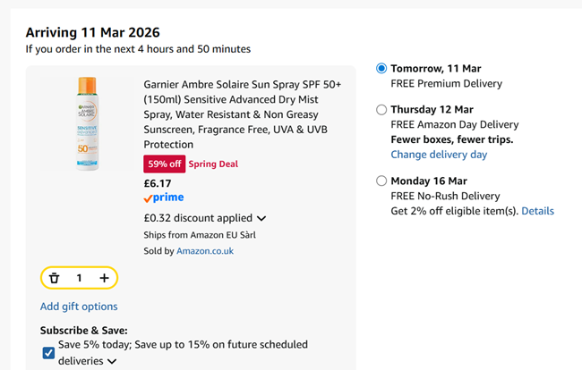Screenshot showing Garnier Ambre Solaire Sun Spray SPF 50+ (150ml) for £6.17 at Amazon