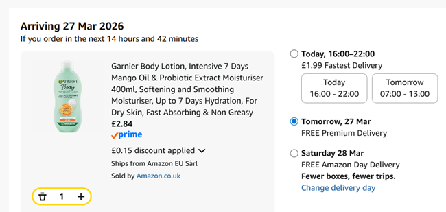 Screenshot showing Garnier Body Lotion, Intensive 7 Days Mango Oil & Probiotic Extract Moisturiser 400ml for £2.84 at Amazon