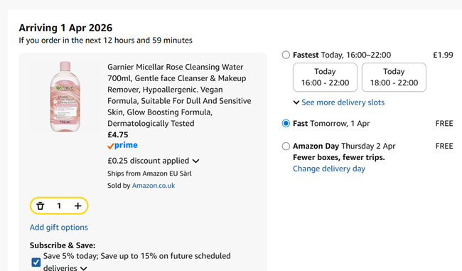 Screenshot showing Garnier Micellar Rose Cleansing Water 700ml for £4.75 at Amazon