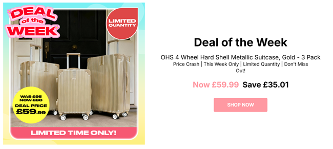Screenshot showing OHS 4 Wheel Hard Shell Metallic Suitcase Gold 3 Pack for £59.99 at Online Home Shop