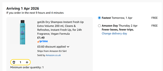 Screenshot showing got2b Instant Fresh Up Dry Shampoo for £1.40 at Amazon