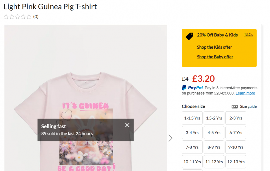 Screenshot showing Light Pink Guinea Pig T-shirt from £3.20 at George at Asda